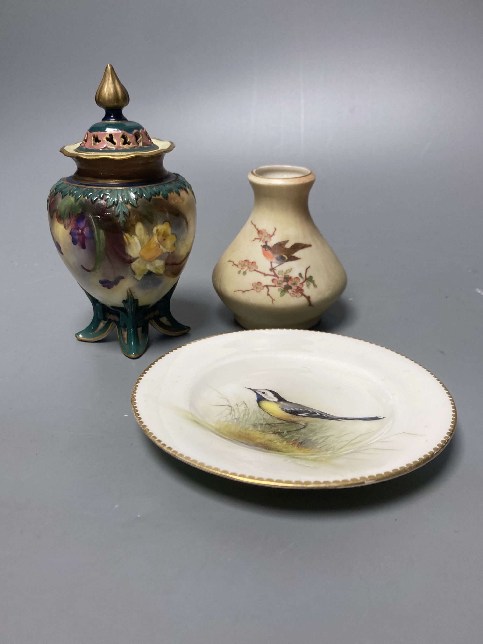A Hadley's Worcester pot pourri vase, plate painted by Powell and Locke Worcester vase, tallest 13cm